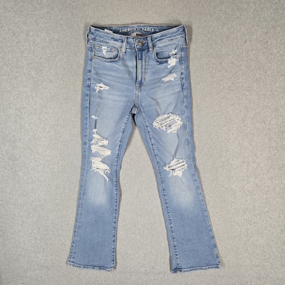 American Eagle Women Jeans 6 Blue Y2K Denim Hi-Rise Skinny Kick Distress